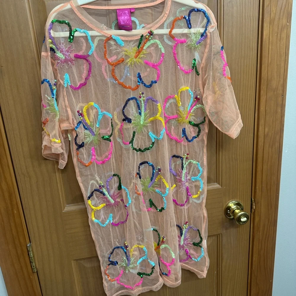 Queen of Sparkles Sheer Peach Floral Sequin Cover-Up